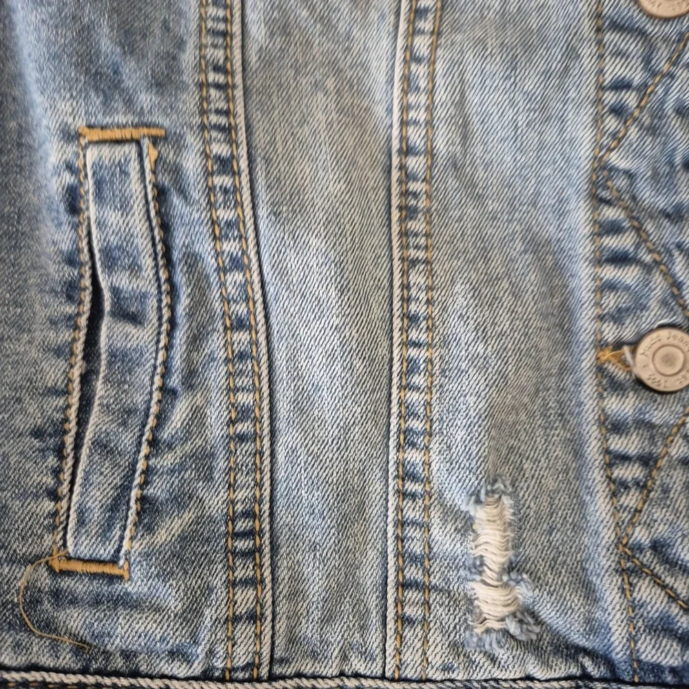 Mudd Jacket‎ Girls Small Blue Denim Gray Hoodie Sleeves Floral Embroidered